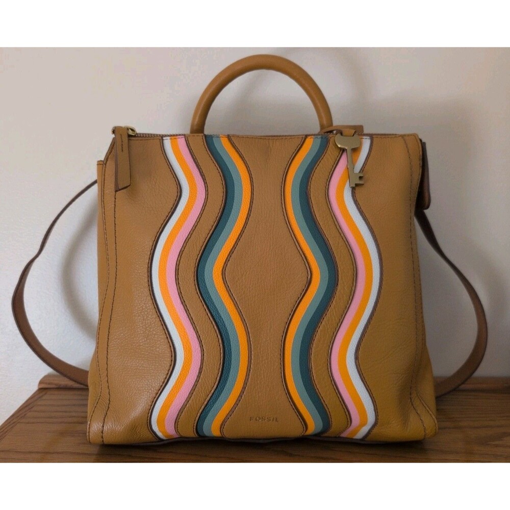 Fossil Parker Convertible Backpack Leather, Tan with Retro Wavy Stripes CUTE!
